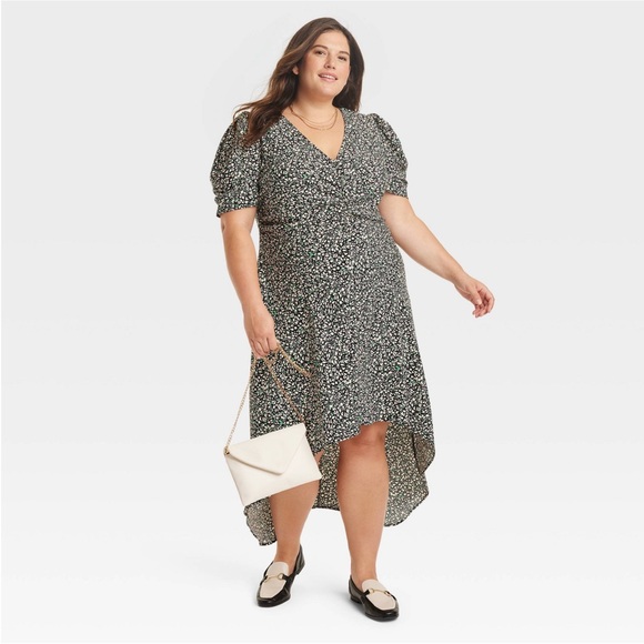 NWT Green Floral V-Neck High-Low Lightweight Flowy Short Sleeve Dress XXL - Picture 3 of 7